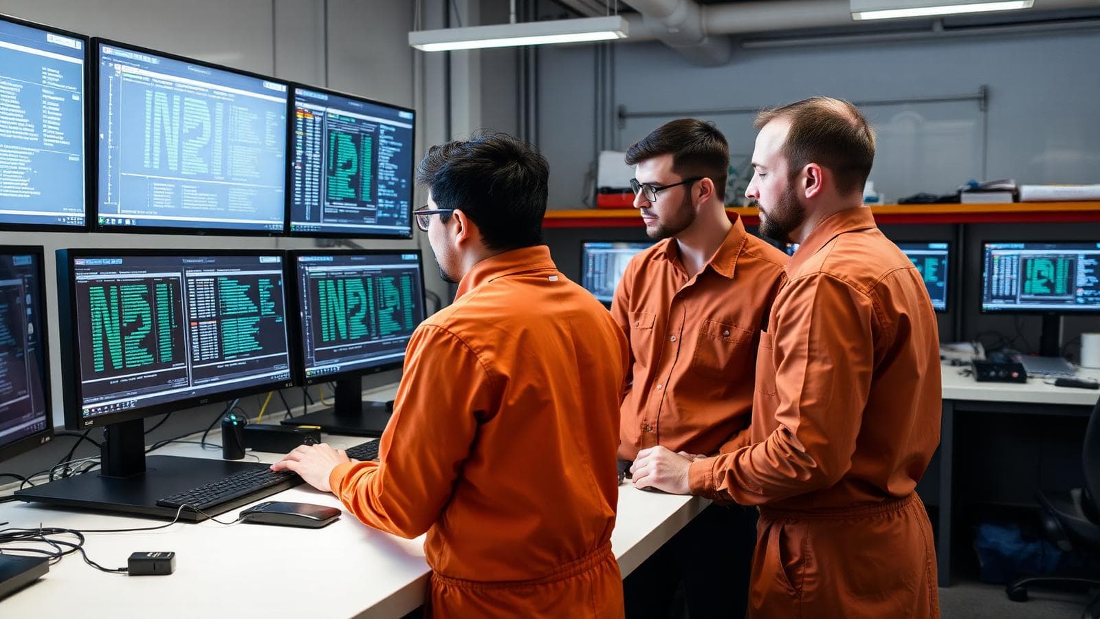 Ingenjörer som granskar säker firmware i ett produktlaboratorium