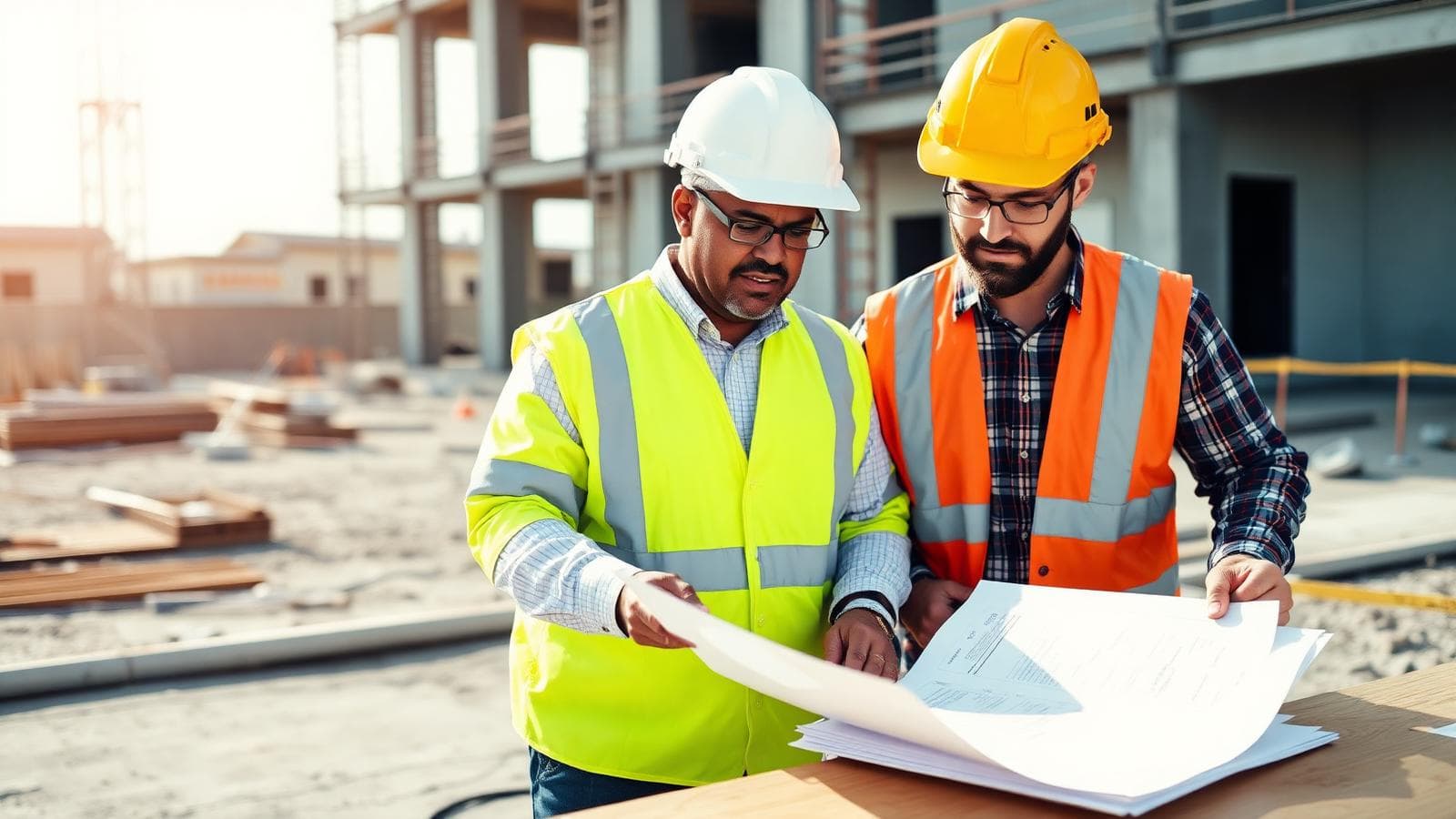 Projektledare och entreprenör går igenom kontraktshandlingar på ett bygge
