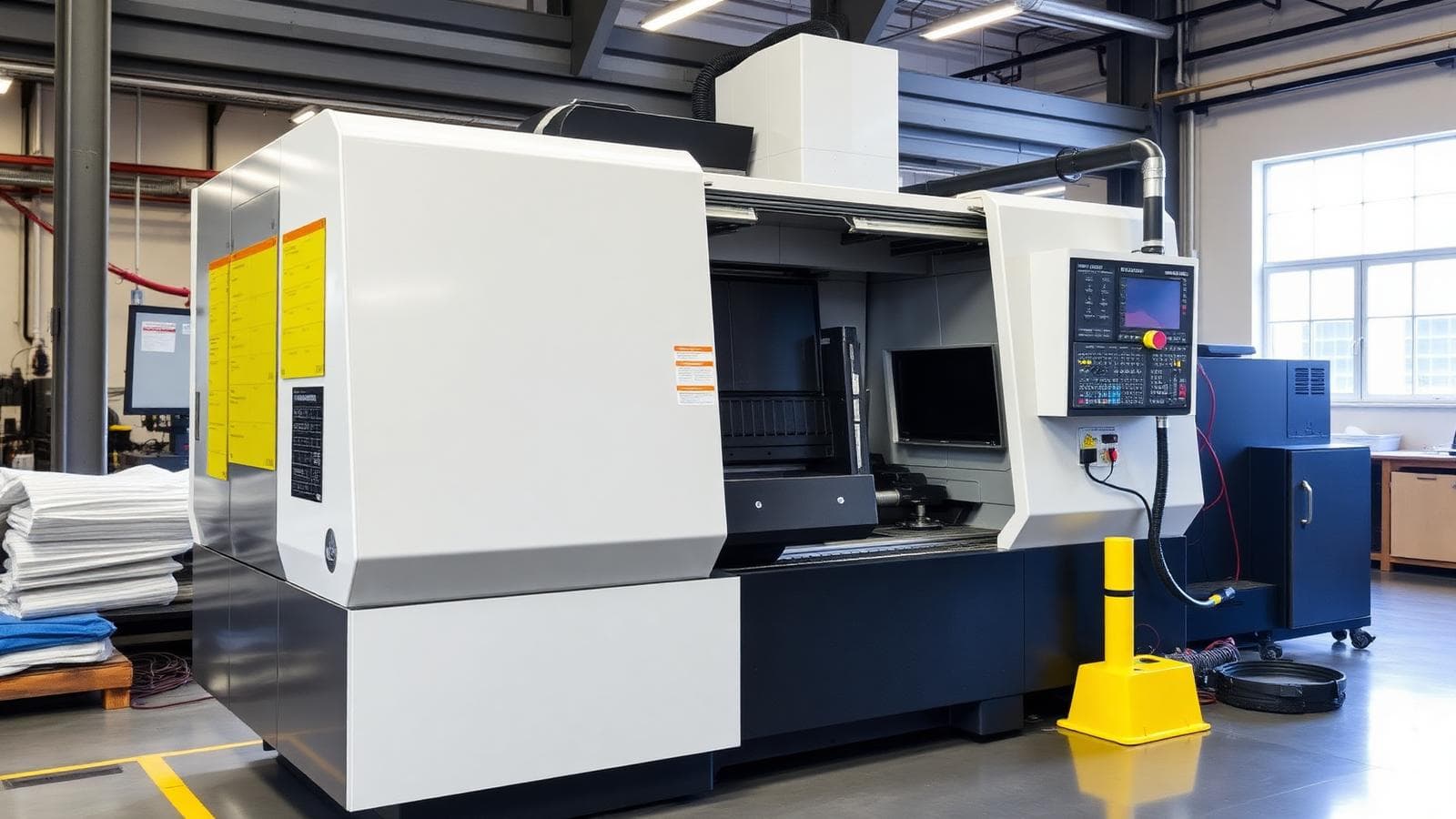 CNC machine with safety guards in a workshop