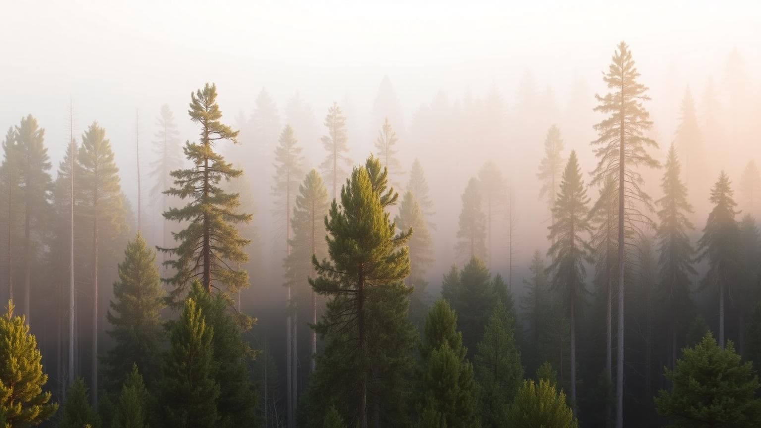 Barrskog i morgondimma