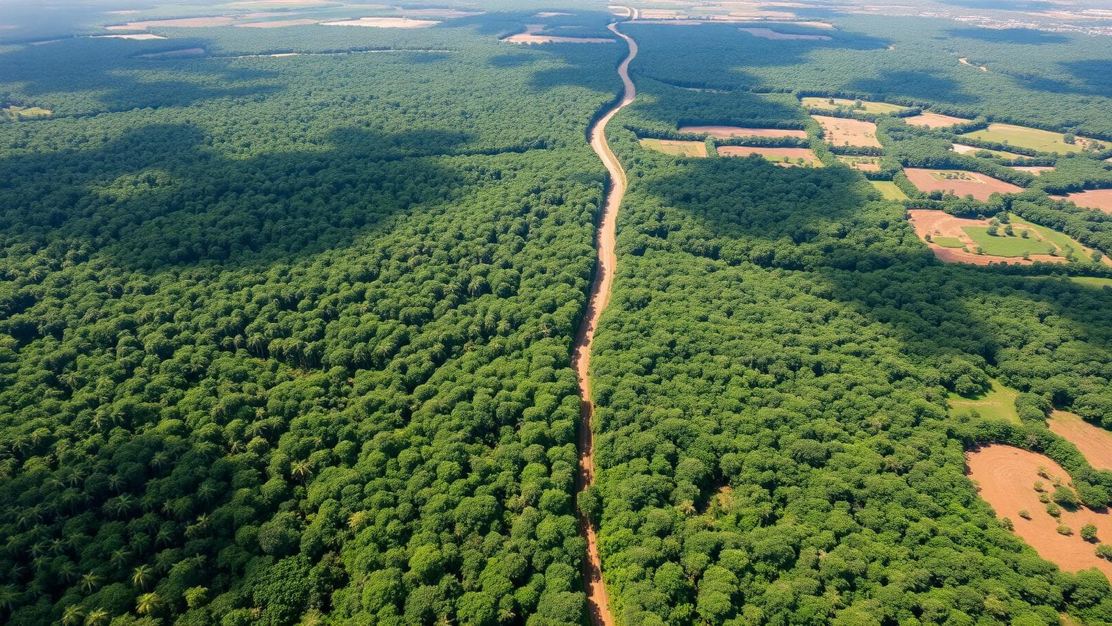 Flygbild över gränsen mellan regnskog och uppodlad mark