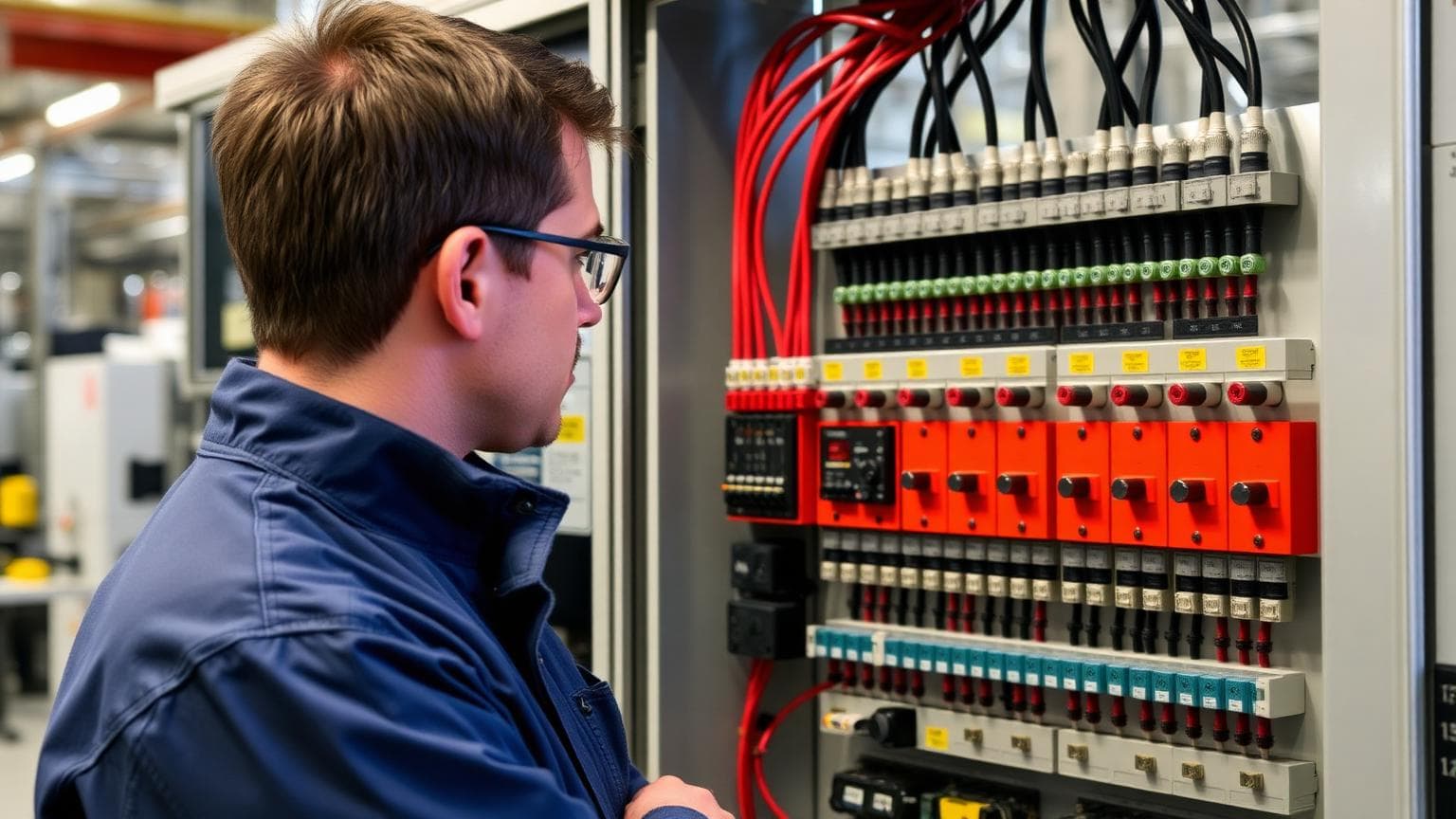 Automationsingenjör vid ett elskåp med säkerhetsreläer och styrsystem